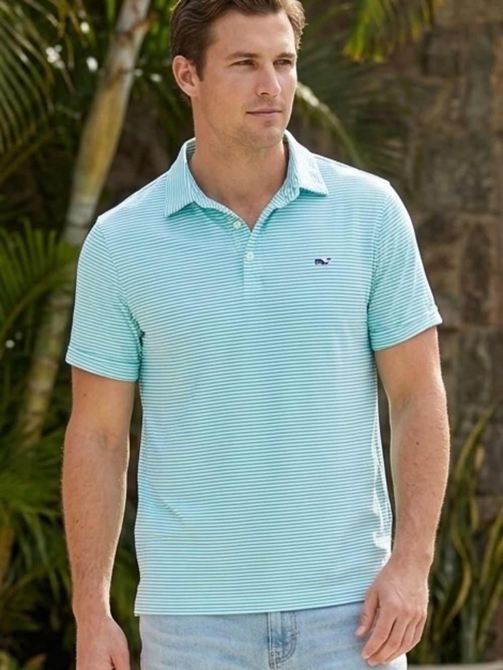 Vineyard Vines Performance Men's Polo Medium Light Blue Striped Stretch Golf